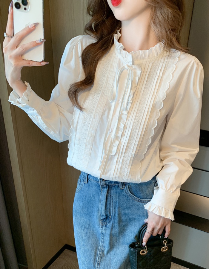 Long sleeve lotus leaf edges shirt splice white tops