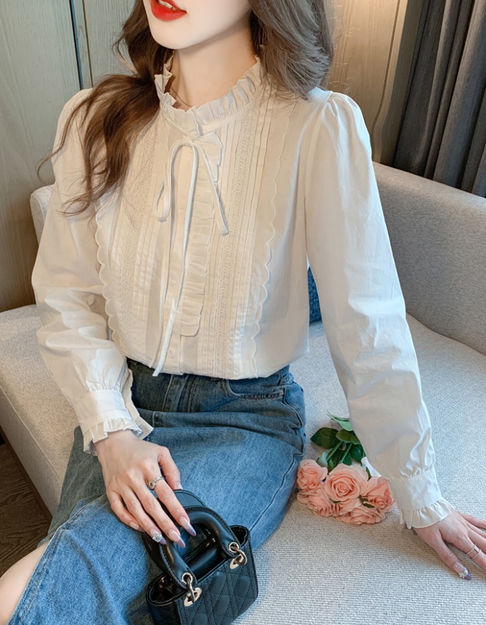 Long sleeve lotus leaf edges shirt splice white tops