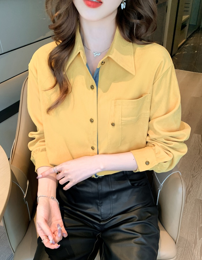 Sueding retro tops autumn and winter yellow shirt for women