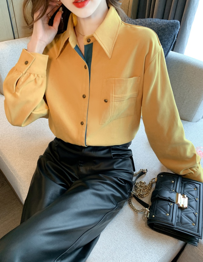 Sueding retro tops autumn and winter yellow shirt for women