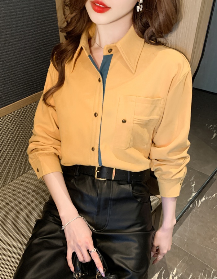 Sueding retro tops autumn and winter yellow shirt for women