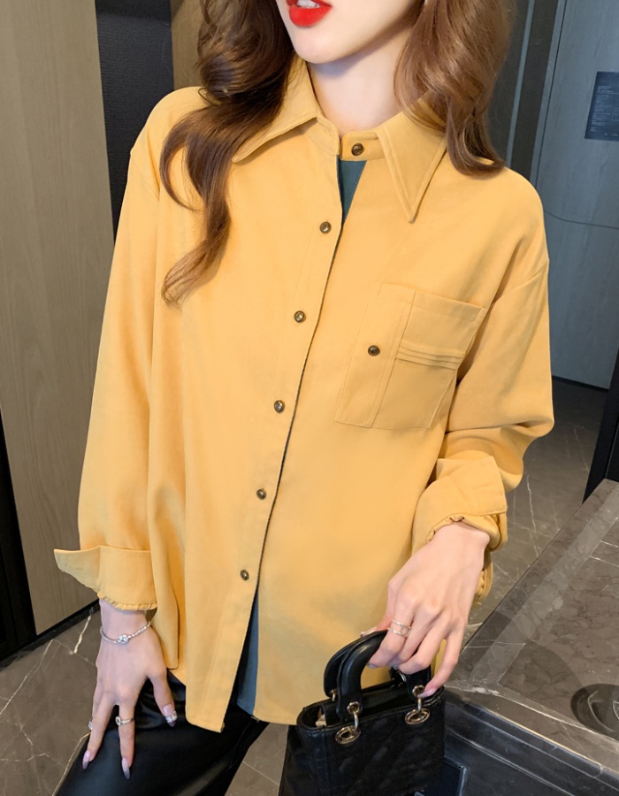 Sueding retro tops autumn and winter yellow shirt for women