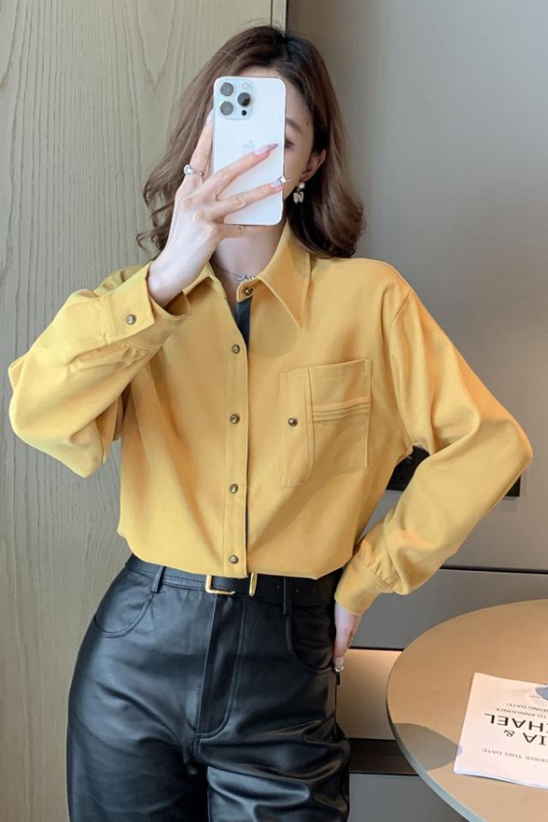 Sueding retro tops autumn and winter yellow shirt for women