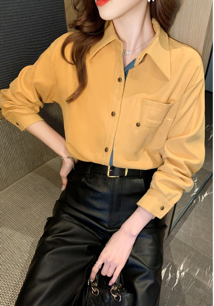 Sueding retro tops autumn and winter yellow shirt for women