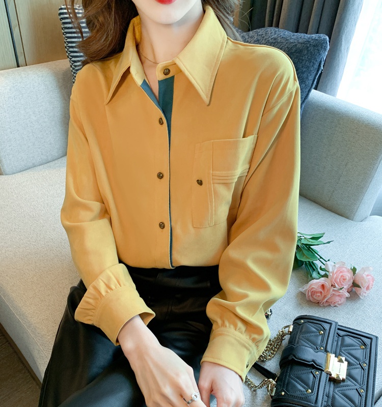 Sueding retro tops autumn and winter yellow shirt for women