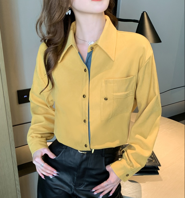 Sueding retro tops autumn and winter yellow shirt for women