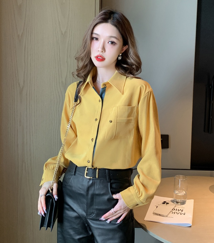 Sueding retro tops autumn and winter yellow shirt for women