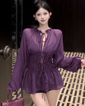 Pinched waist fine band chiffon dress purple autumn tops for women