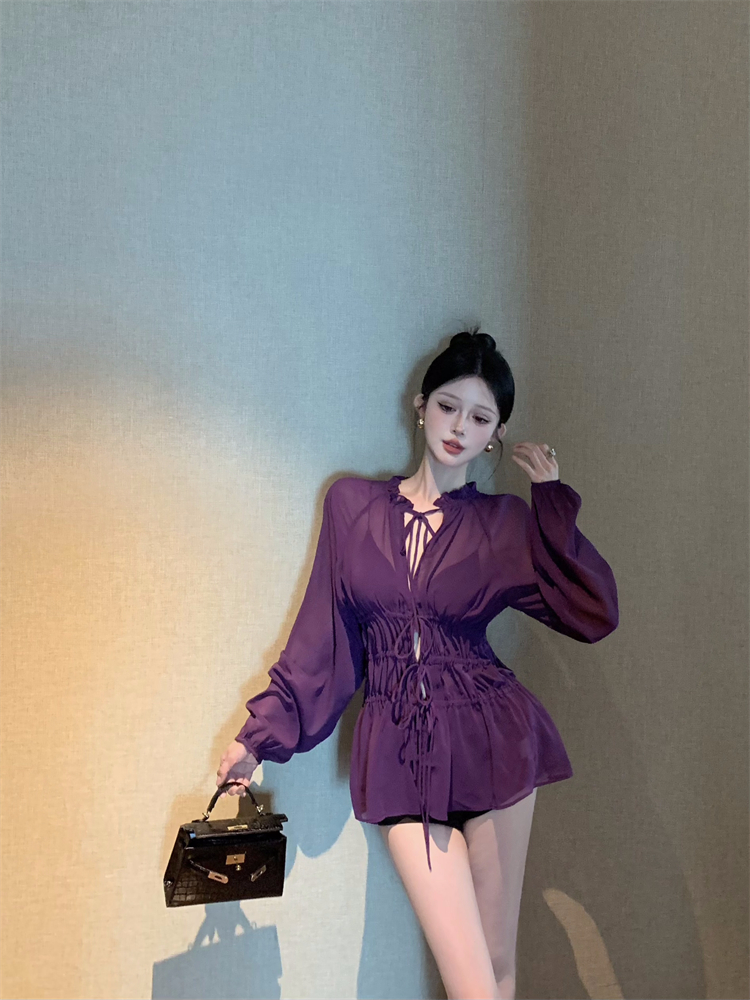 Pinched waist fine band chiffon dress purple autumn tops for women