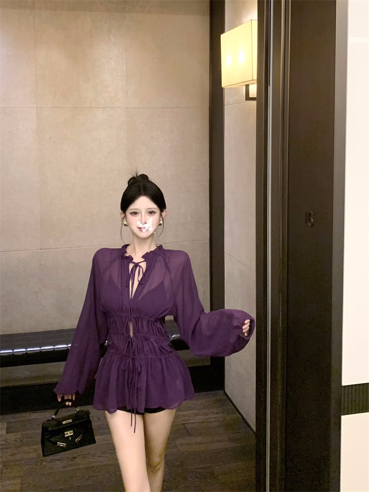 Pinched waist fine band chiffon dress purple autumn tops for women