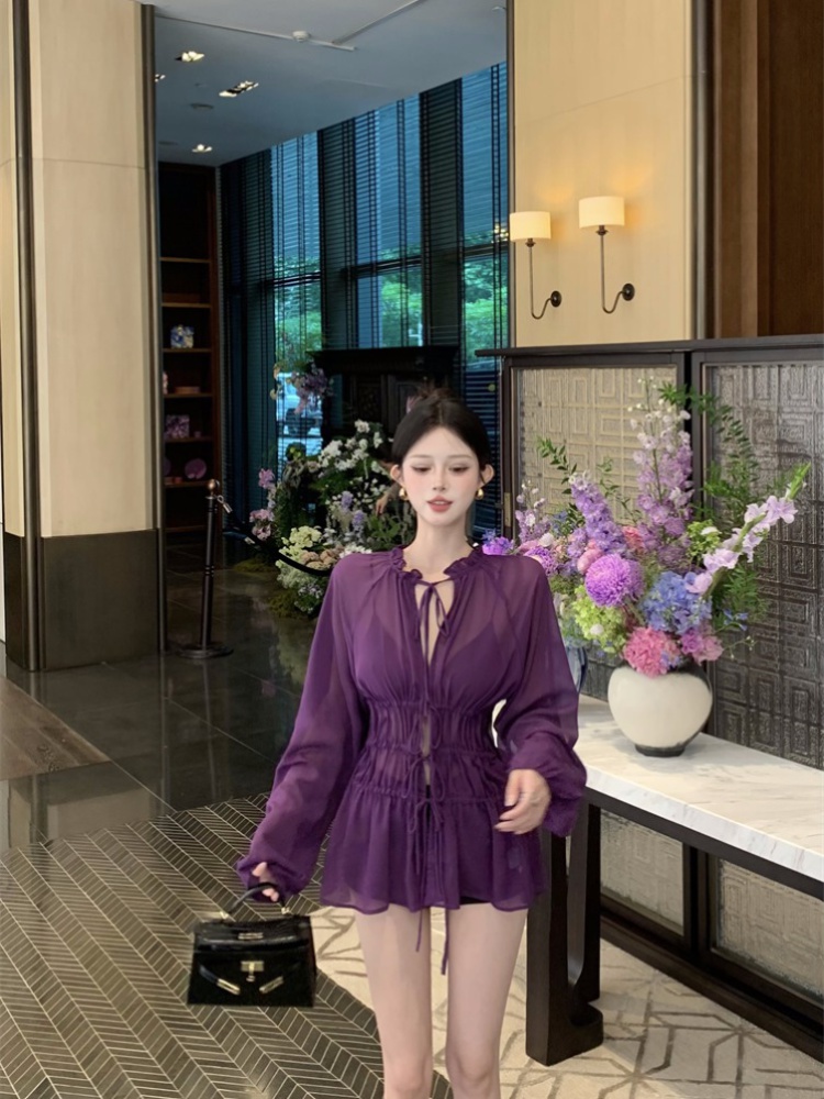 Pinched waist fine band chiffon dress purple autumn tops for women