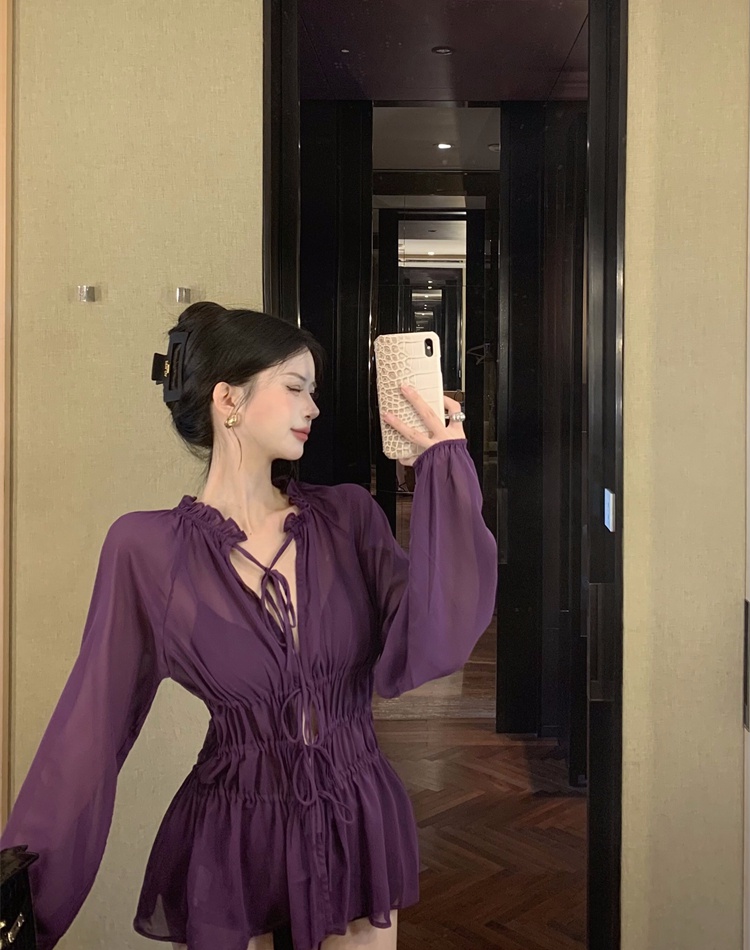 Pinched waist fine band chiffon dress purple autumn tops for women