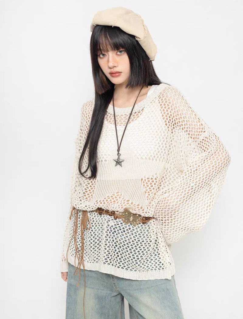 Lazy knitted round neck sweater pure loose thin smock