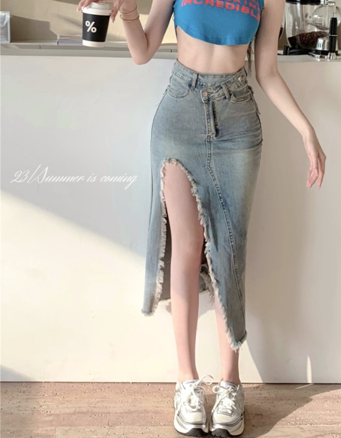 Split slim long dress denim high waist skirt