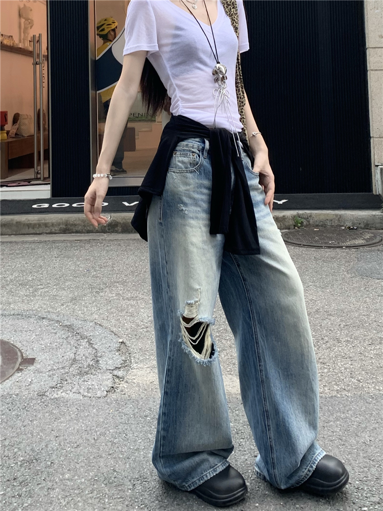 Washed Casual jeans loose retro long pants for women