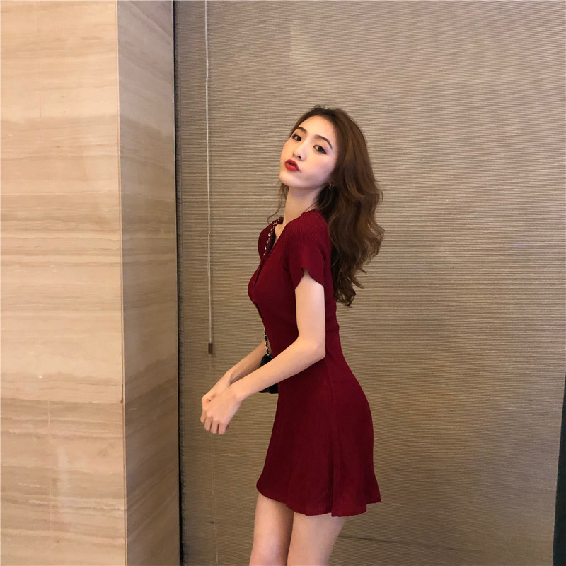 Maiden high waist slim short sleeve knitted dress