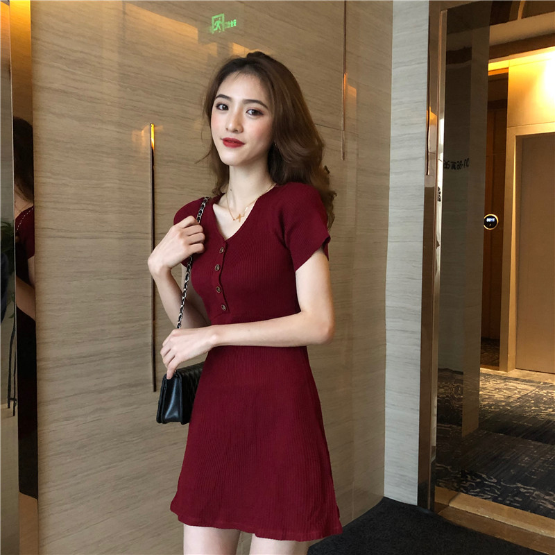 Maiden high waist slim short sleeve knitted dress