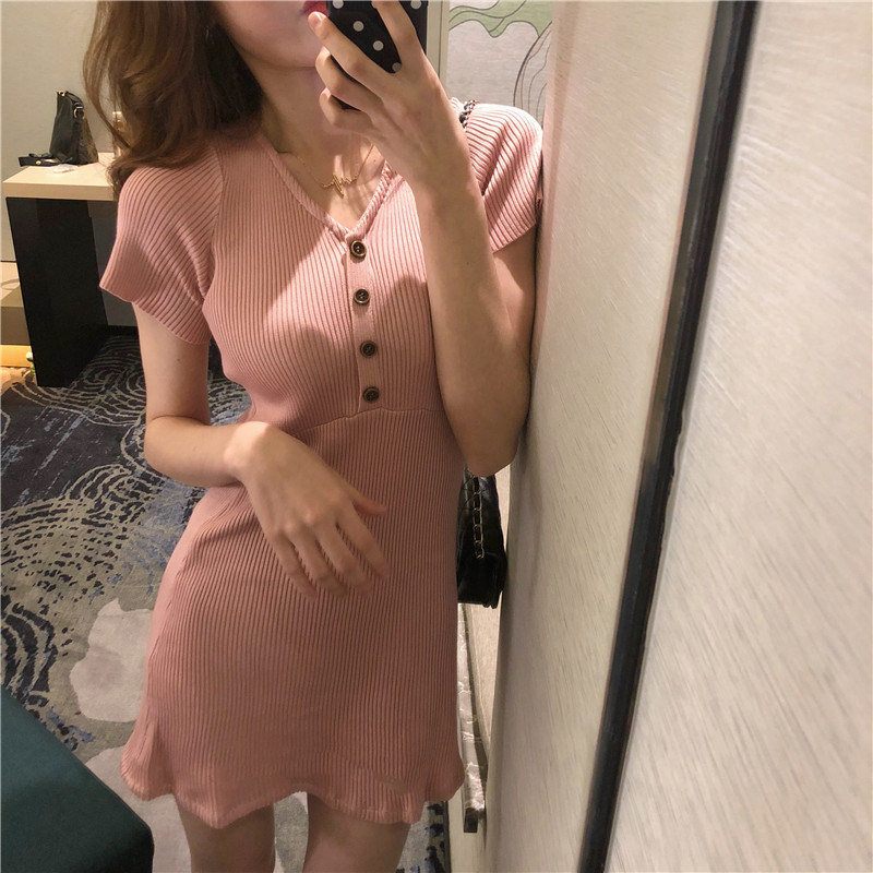 Maiden high waist slim short sleeve knitted dress