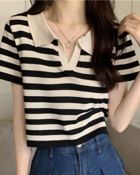 Short sleeve all-match Casual short stripe knitted tops