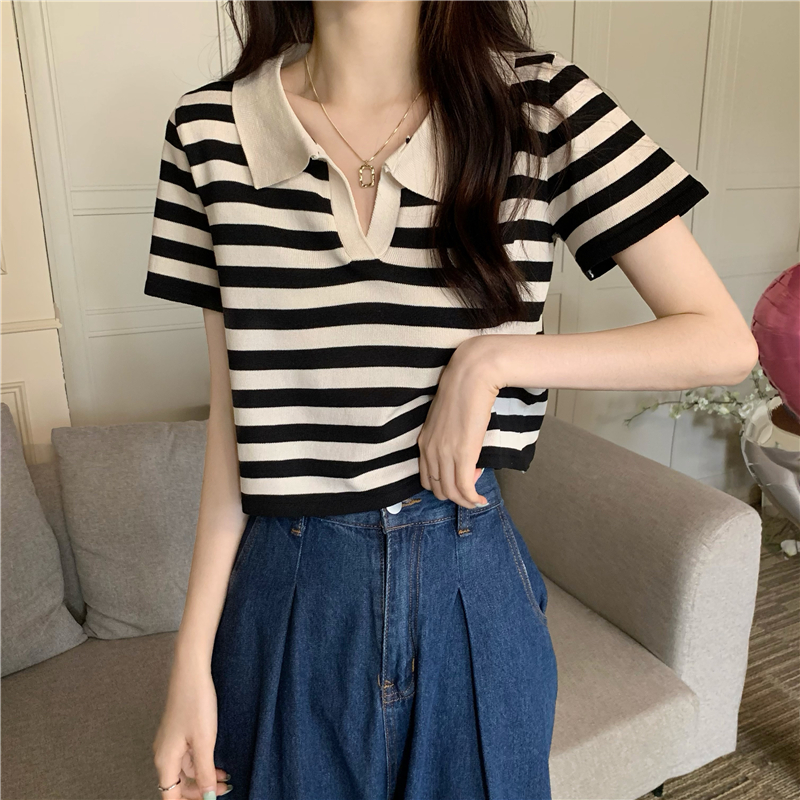 Short sleeve all-match Casual short stripe knitted tops