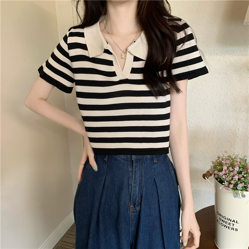 Short sleeve all-match Casual short stripe knitted tops