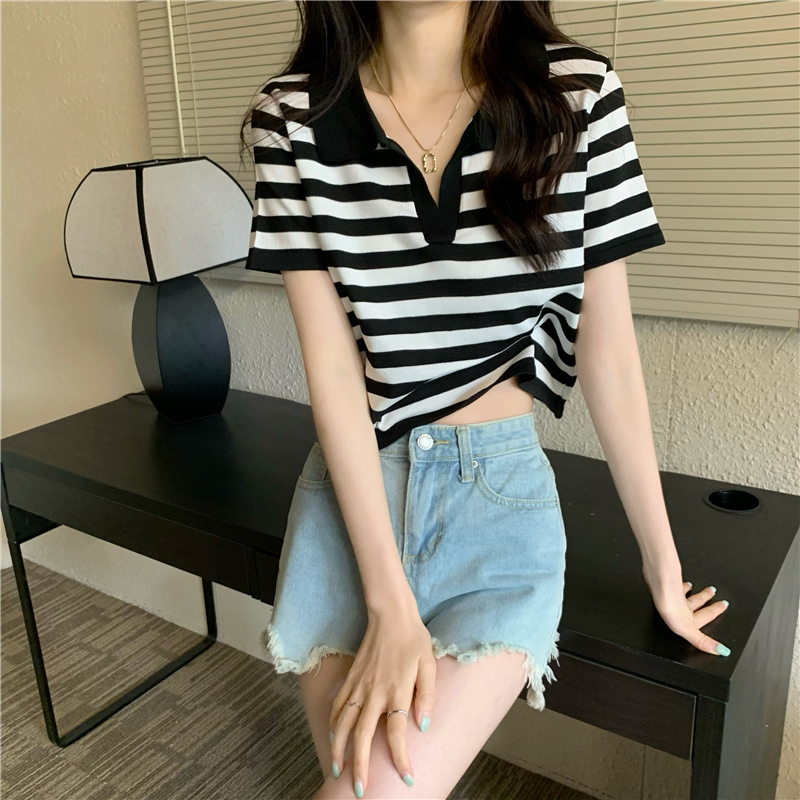 Short sleeve all-match Casual short stripe knitted tops