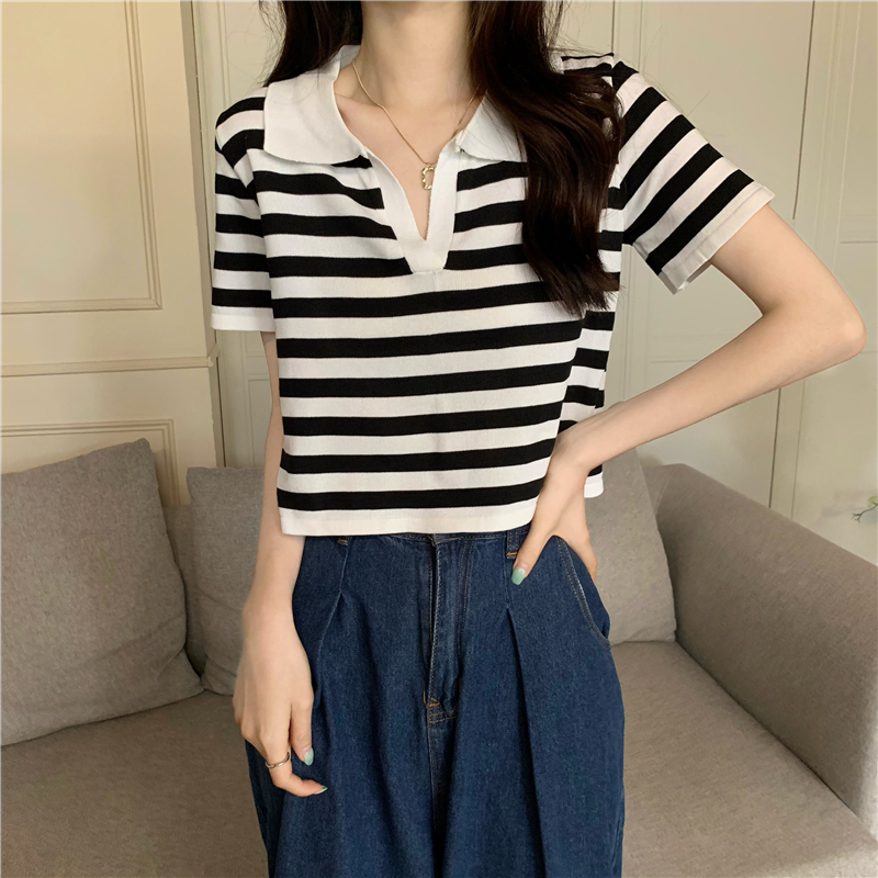 Short sleeve all-match Casual short stripe knitted tops