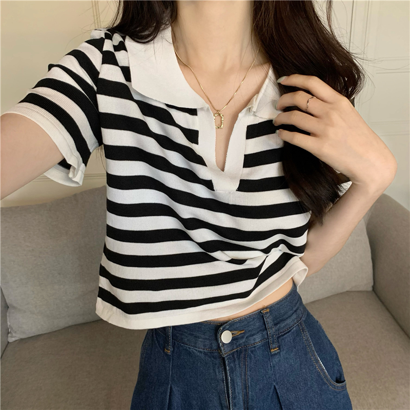 Short sleeve all-match Casual short stripe knitted tops