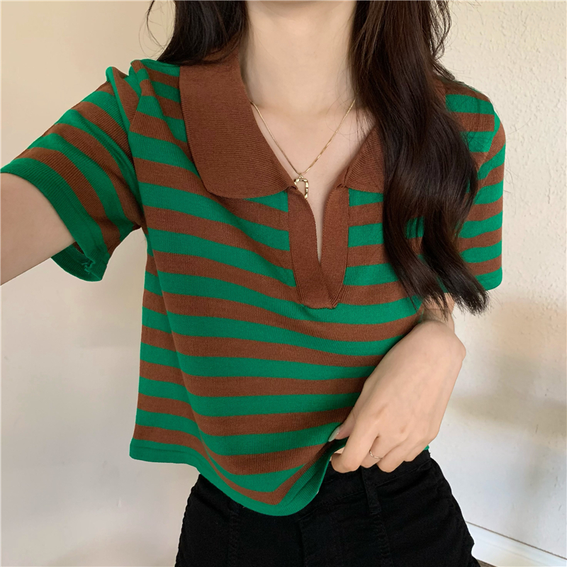 Short sleeve all-match Casual short stripe knitted tops