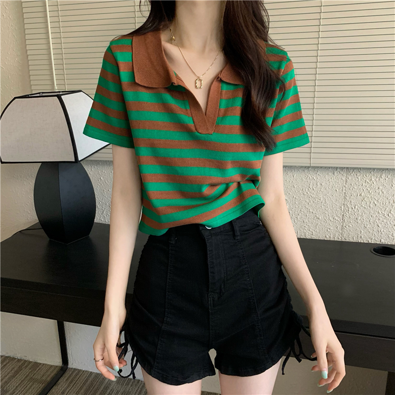 Short sleeve all-match Casual short stripe knitted tops