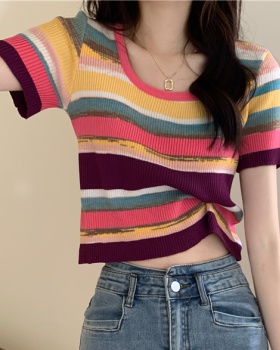 Square collar stripe rainbow short sleeve tops