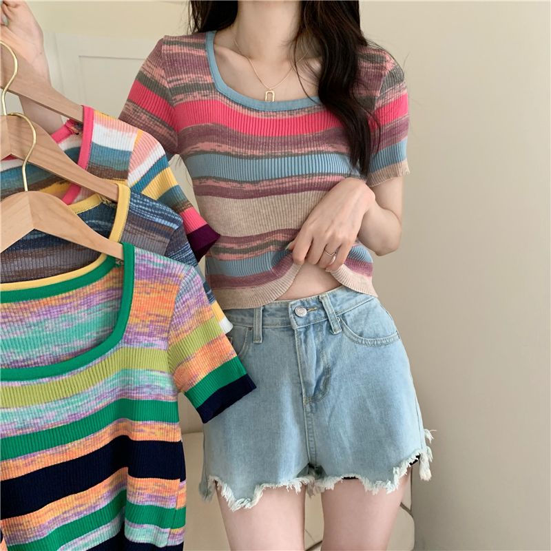 Square collar stripe rainbow short sleeve tops