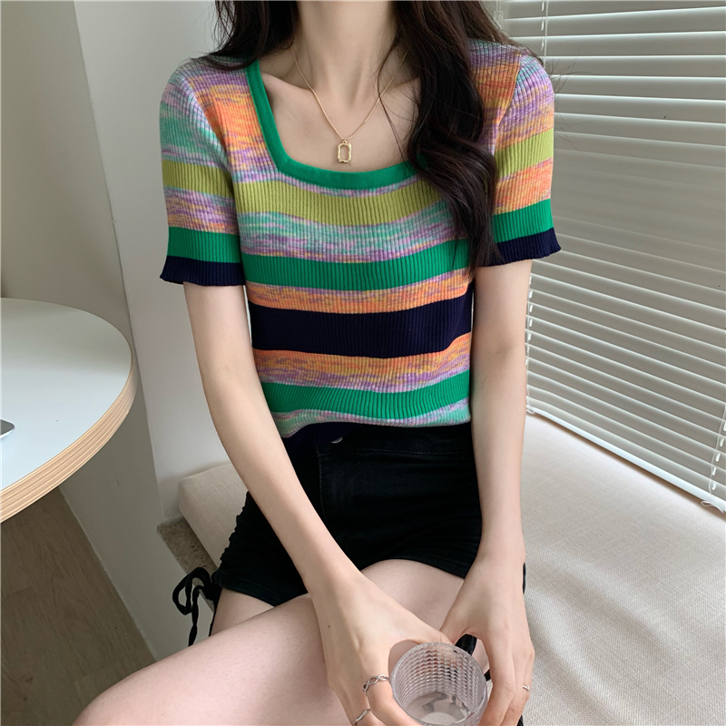 Square collar stripe rainbow short sleeve tops