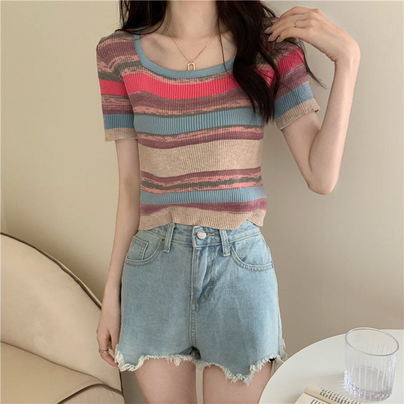 Square collar stripe rainbow short sleeve tops