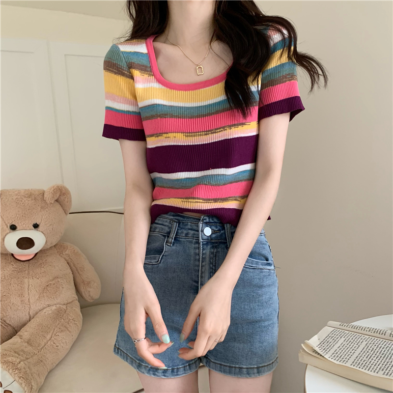 Square collar stripe rainbow short sleeve tops