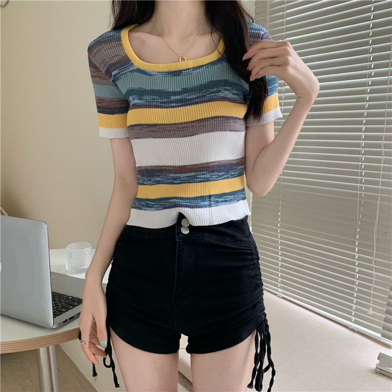 Square collar stripe rainbow short sleeve tops