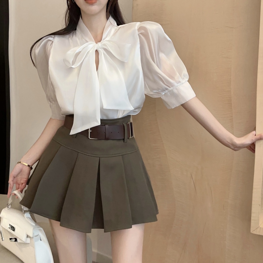 Sweet pleated skirt unique slim tops 2pcs set