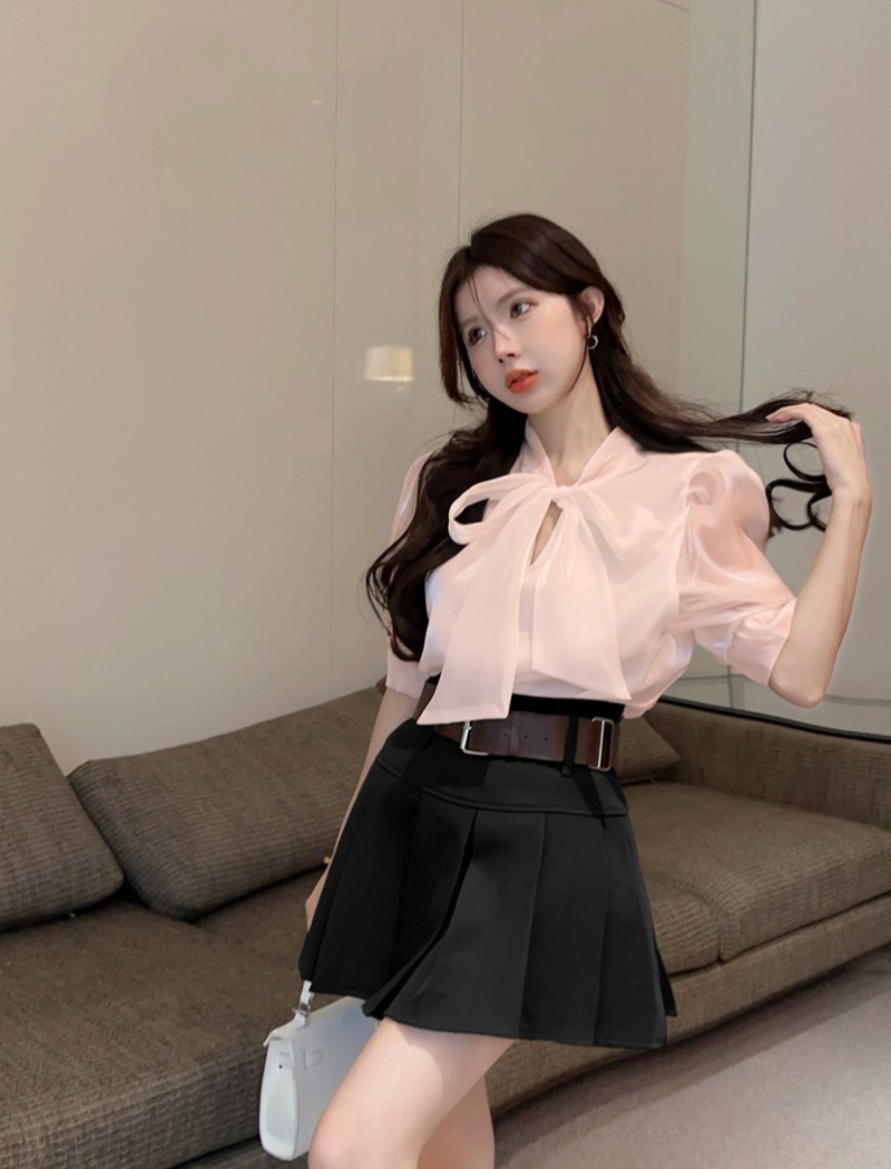 Sweet pleated skirt unique slim tops 2pcs set