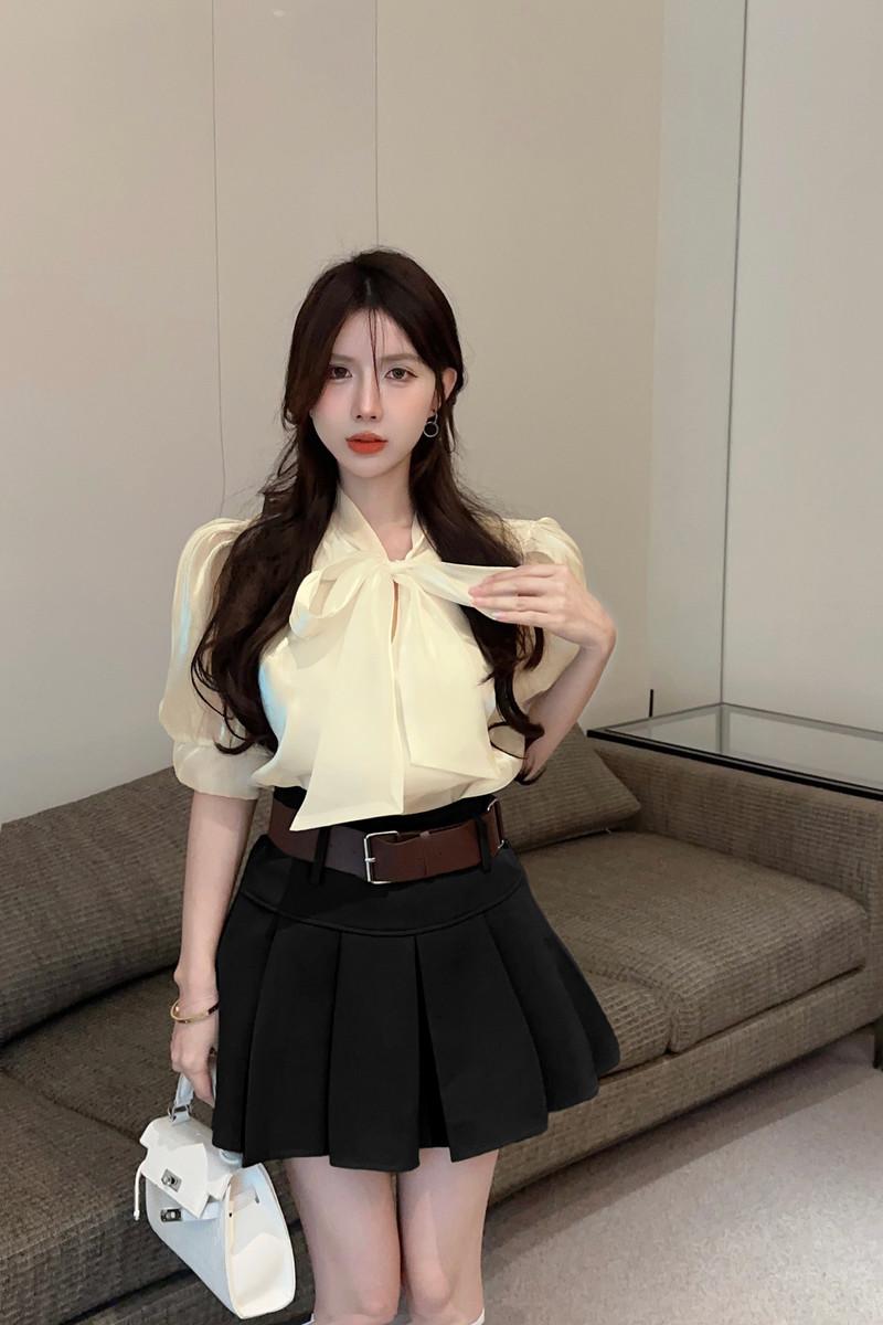 Sweet pleated skirt unique slim tops 2pcs set