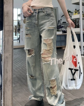 American style jeans holes wide leg pants for women