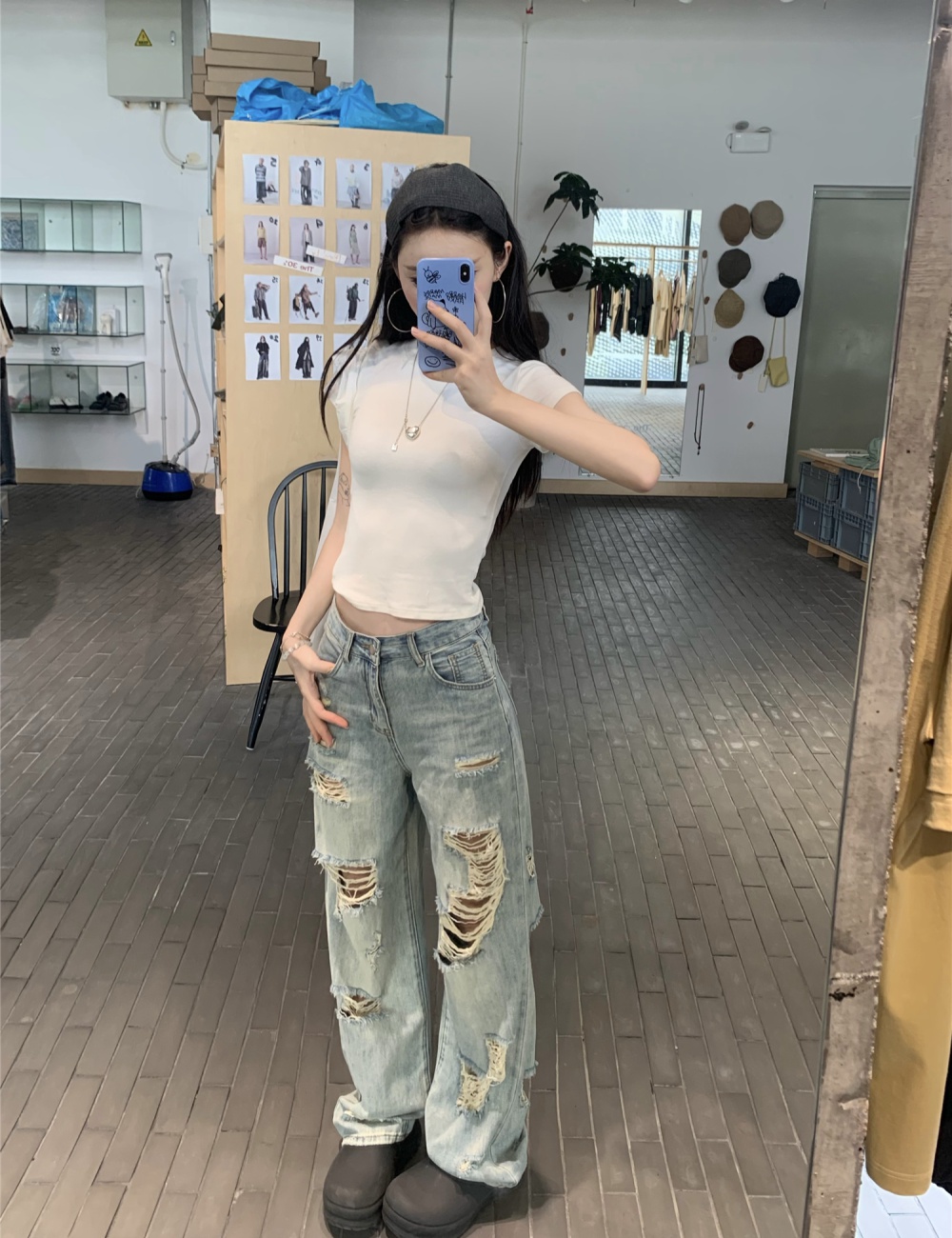 American style jeans holes wide leg pants for women