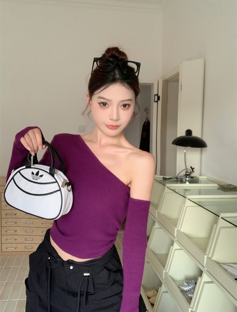 Purple unique sloping shoulder sweater knitted slim tops