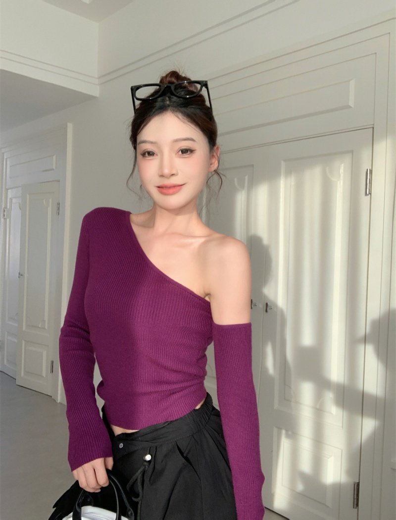 Purple unique sloping shoulder sweater knitted slim tops