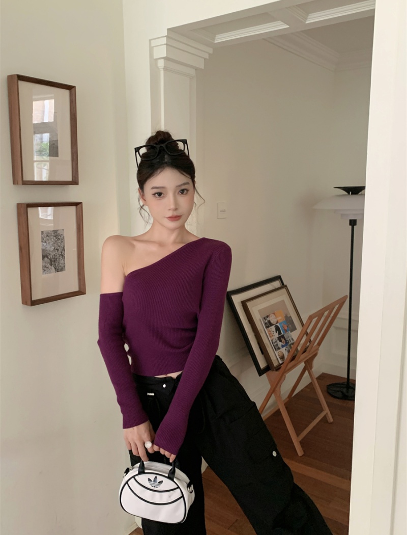 Purple unique sloping shoulder sweater knitted slim tops