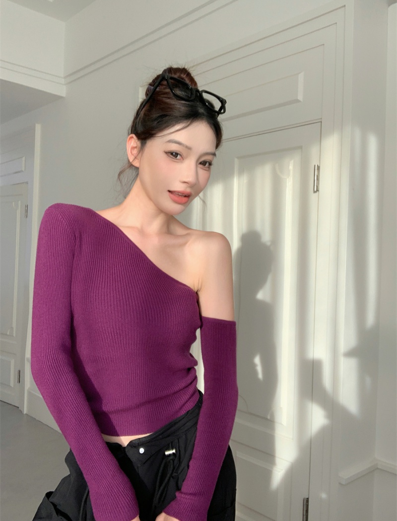 Purple unique sloping shoulder sweater knitted slim tops