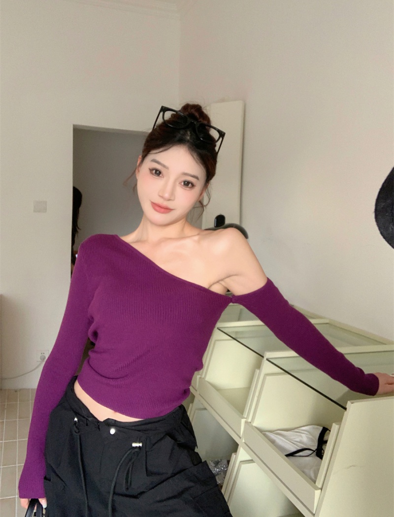 Purple unique sloping shoulder sweater knitted slim tops