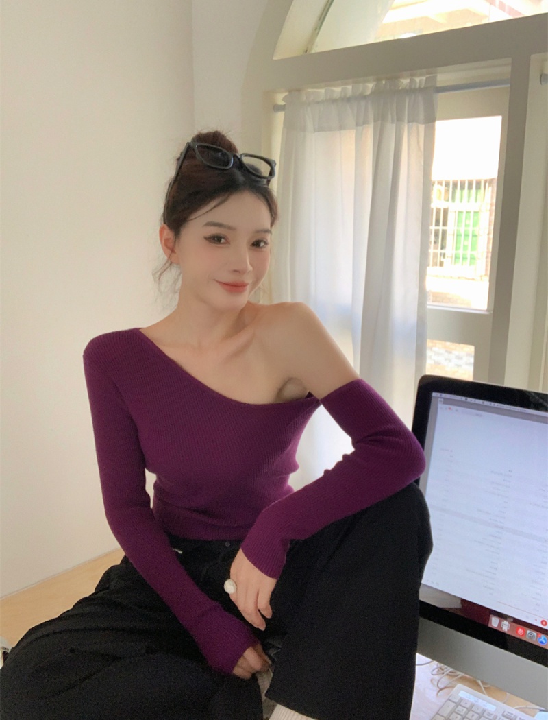 Purple unique sloping shoulder sweater knitted slim tops