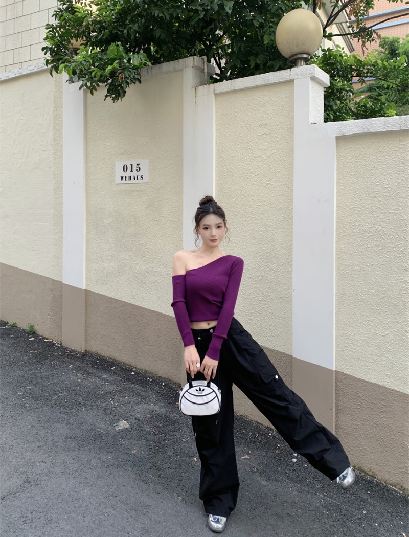 Purple unique sloping shoulder sweater knitted slim tops