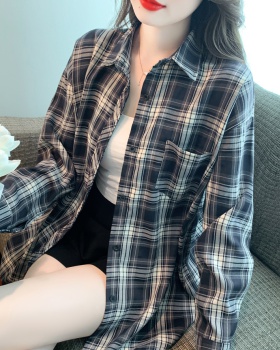 Plaid long loose shirt autumn retro coat