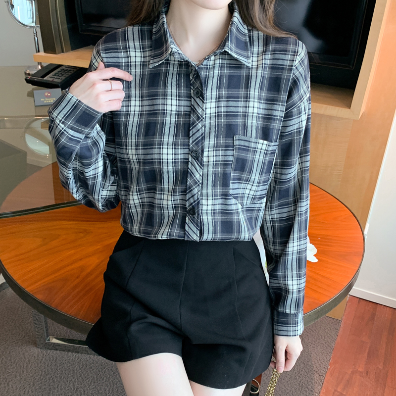 Plaid long loose shirt autumn retro coat